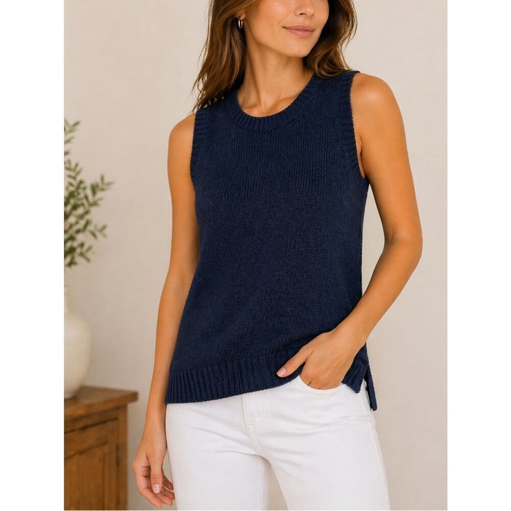 J McLaughlin Navy Knit Sleeveless Sweater Tank Top Ribbed Hem Women’s XS Blue
